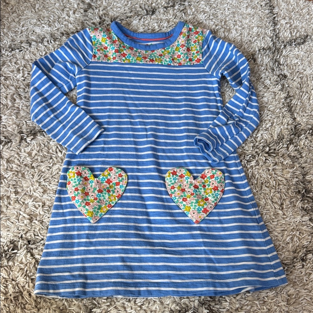 Mini Boden Blue and White Striped Dress with Floral Heart Pockets